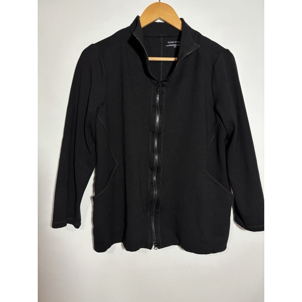 Eileen Fisher Jacket M/M Black Full‎ Zip Long Sleeve Mock Neck Pockets